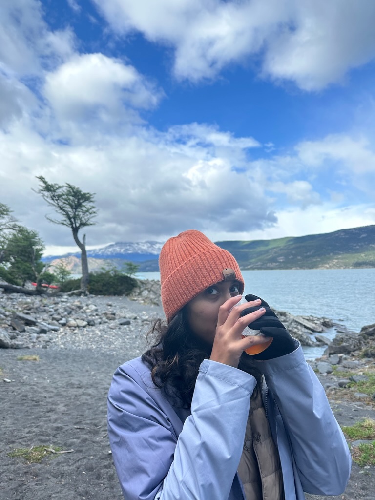 Wearing an orange beanie in Patagonia